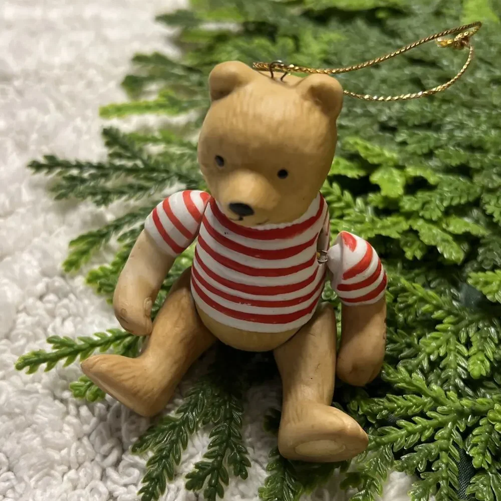 Vintage Jointed Ceramic Teddy Bear Ornament Striped Red White Preppy Nautical